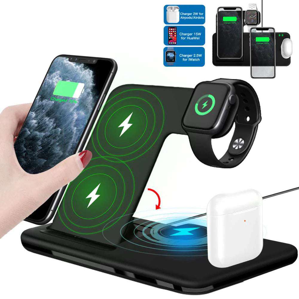 15W Qi Fast Wireless Charger Stand for Iphone 11 XR X 8 Apple Watch 4 in 1 Foldable Charging Dock Station