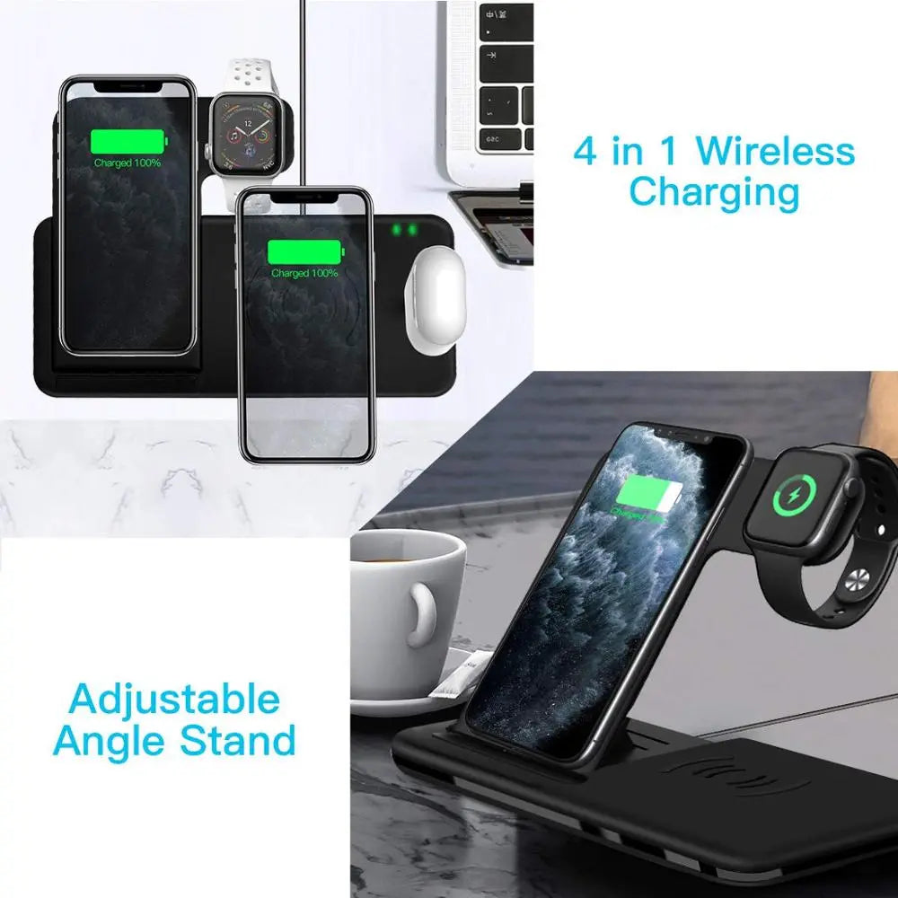 15W Qi Fast Wireless Charger Stand for Iphone 11 XR X 8 Apple Watch 4 in 1 Foldable Charging Dock Station