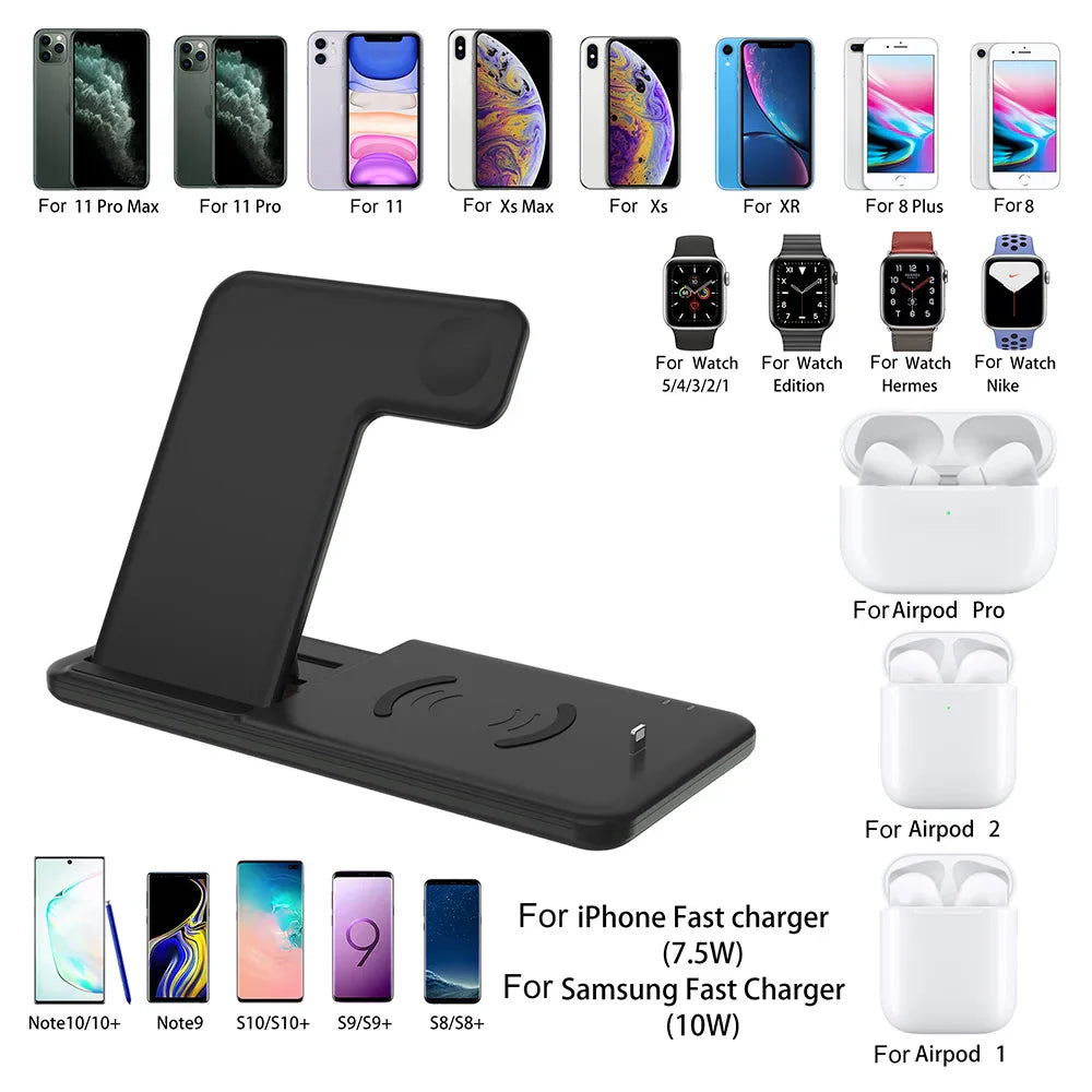 15W Qi Fast Wireless Charger Stand for Iphone 11 XR X 8 Apple Watch 4 in 1 Foldable Charging Dock Station