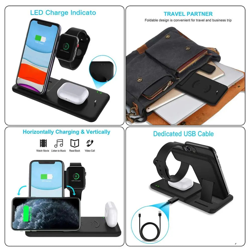 15W Qi Fast Wireless Charger Stand for Iphone 11 XR X 8 Apple Watch 4 in 1 Foldable Charging Dock Station